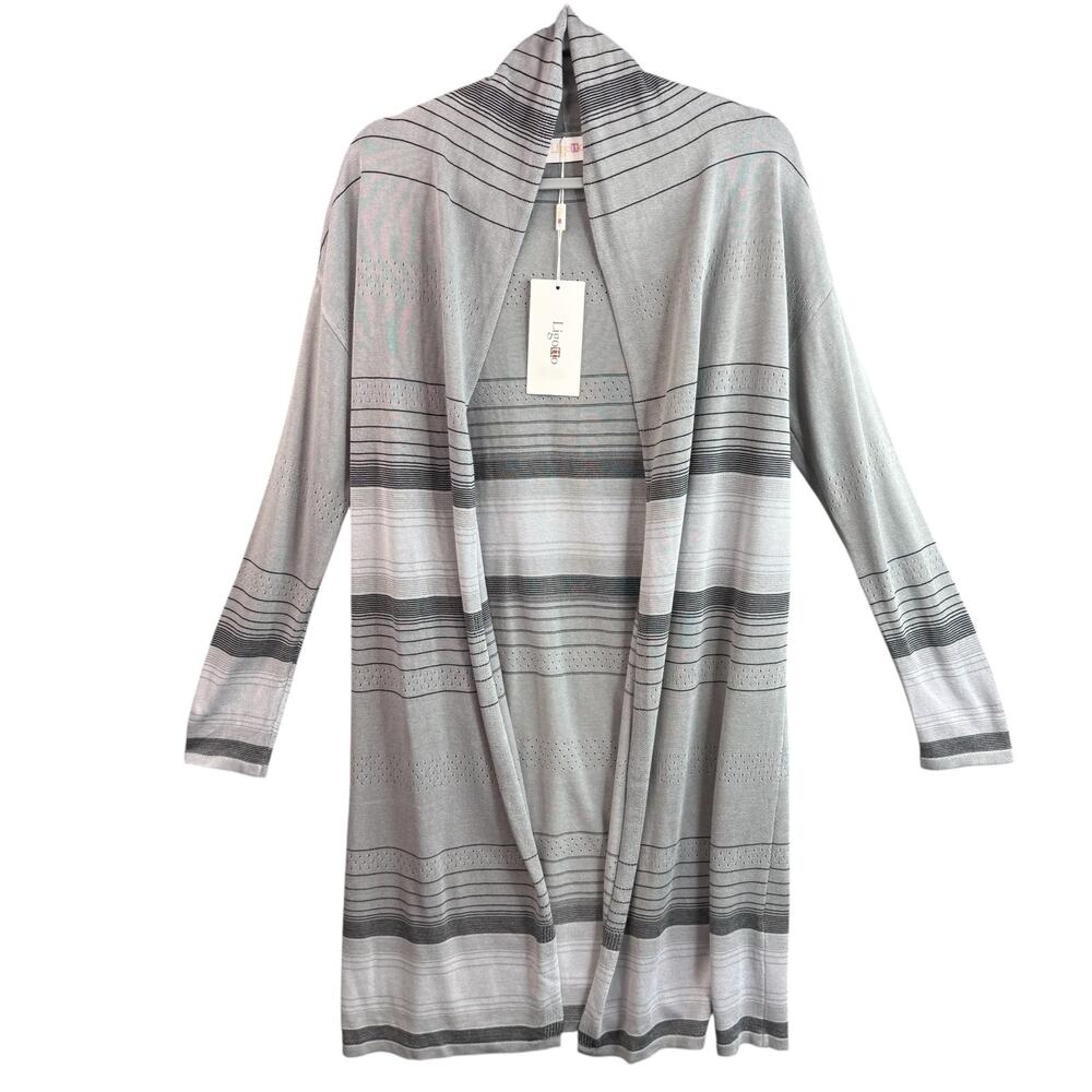 Ligotto Women's Large Open Front Long Cardigan Gray Striped NWT